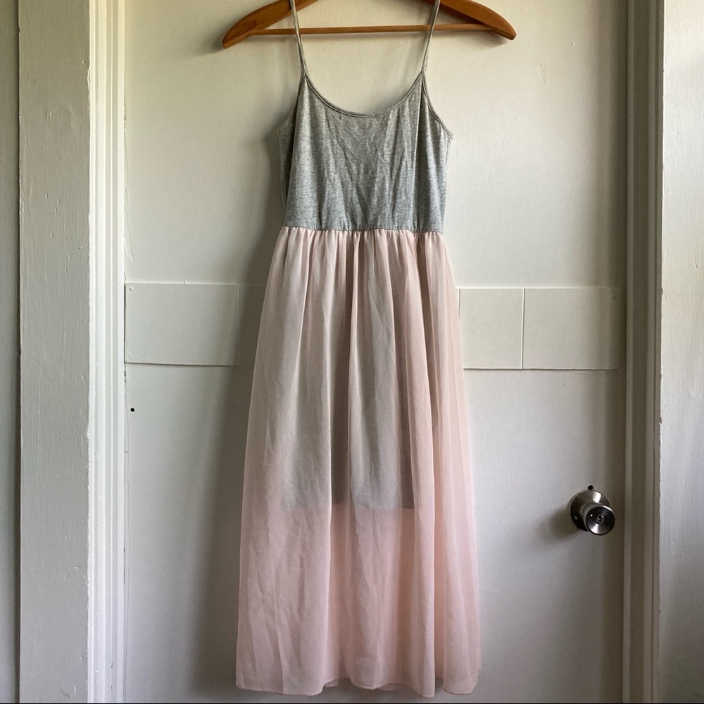 forever 21 | grey heather mini dress w sheer pink midi overlay | size xs